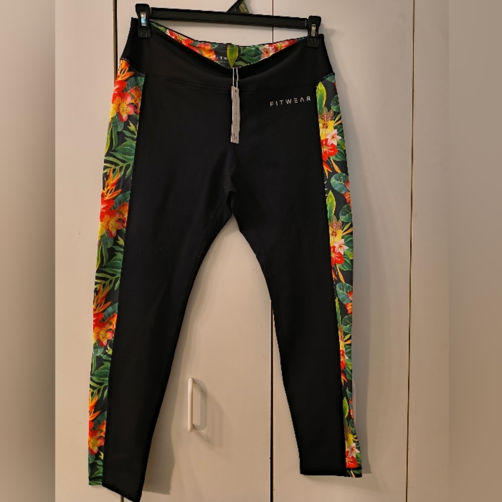 Fit Bit Brand New With Tags Black Leggings With Bright Floral Accents!